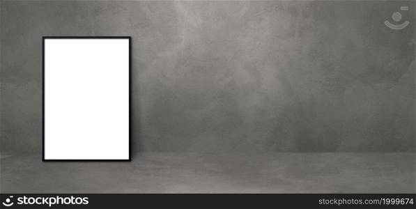 Black picture frame leaning on a dark concrete wall. Blank mockup template. Horizontal banner. Black picture frame leaning on a dark concrete wall. Horizontal banner