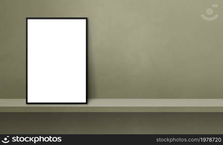 Black picture frame leaning on a green shelf. 3d illustration. Blank mockup template. Horizontal banner. Black picture frame leaning on a green shelf. 3d illustration. Horizontal banner