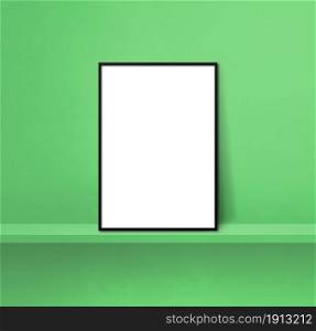Black picture frame leaning on a green shelf. 3d illustration. Blank mockup template. Square background. Black picture frame leaning on a green shelf. 3d illustration. Square background
