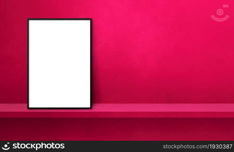 Black picture frame leaning on a pink shelf. 3d illustration. Blank mockup template. Horizontal banner. Black picture frame leaning on a pink shelf. 3d illustration. Horizontal banner