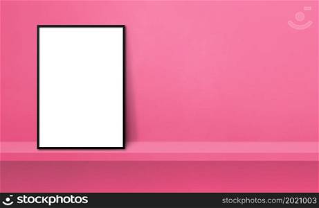 Black picture frame leaning on a pink shelf. 3d illustration. Blank mockup template. Horizontal banner. Black picture frame leaning on a pink shelf. 3d illustration. Horizontal banner