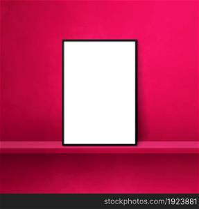 Black picture frame leaning on a pink shelf. 3d illustration. Blank mockup template. Square background. Black picture frame leaning on a pink shelf. 3d illustration. Square background