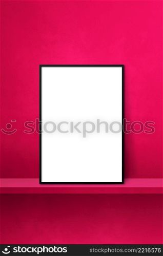 Black picture frame leaning on a pink shelf. 3d illustration. Blank mockup template. Vertical background. Black picture frame leaning on a pink shelf. 3d illustration. Vertical background
