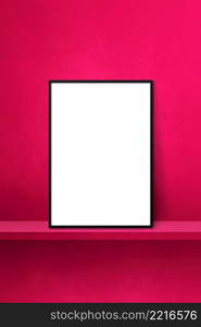 Black picture frame leaning on a pink shelf. 3d illustration. Blank mockup template. Vertical background. Black picture frame leaning on a pink shelf. 3d illustration. Vertical background