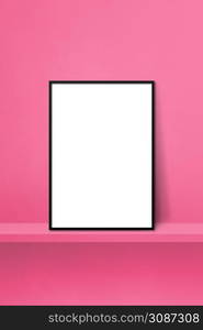 Black picture frame leaning on a pink shelf. 3d illustration. Blank mockup template. Vertical background. Black picture frame leaning on a pink shelf. 3d illustration. Vertical background