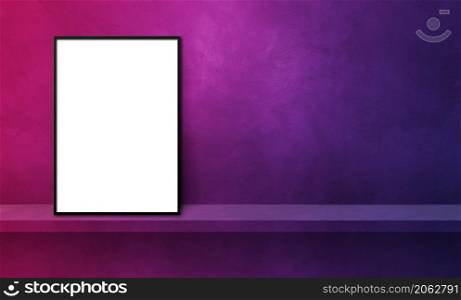 Black picture frame leaning on a purple shelf. 3d illustration. Blank mockup template. Horizontal banner. Black picture frame leaning on a purple shelf. 3d illustration. Horizontal banner