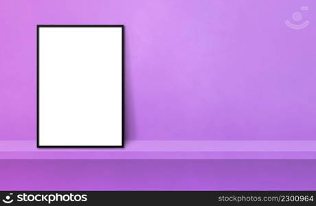 Black picture frame leaning on a purple shelf. 3d illustration. Blank mockup template. Horizontal banner. Black picture frame leaning on a purple shelf. 3d illustration. Horizontal banner
