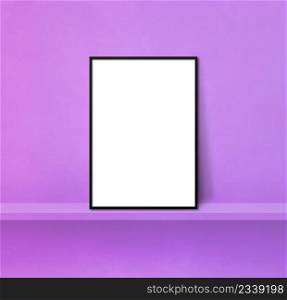 Black picture frame leaning on a purple shelf. 3d illustration. Blank mockup template. Square background. Black picture frame leaning on a purple shelf. 3d illustration. Square background
