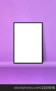 Black picture frame leaning on a purple shelf. 3d illustration. Blank mockup template. Vertical background. Black picture frame leaning on a purple shelf. 3d illustration. Vertical background