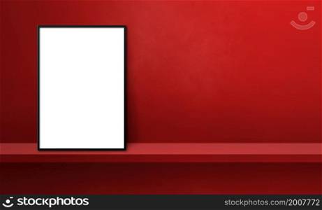 Black picture frame leaning on a red shelf. 3d illustration. Blank mockup template. Horizontal banner. Black picture frame leaning on a red shelf. 3d illustration. Horizontal banner