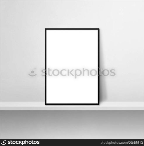 Black picture frame leaning on a white shelf. 3d illustration. Blank mockup template. Square background. Black picture frame leaning on a white shelf. 3d illustration. Square background