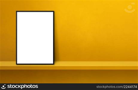 Black picture frame leaning on a yellow shelf. 3d illustration. Blank mockup template. Horizontal banner. Black picture frame leaning on a yellow shelf. 3d illustration. Horizontal banner