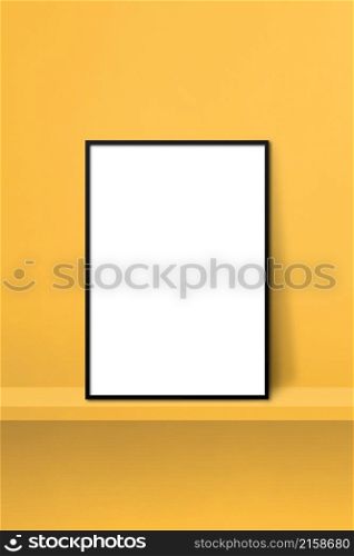 Black picture frame leaning on a yellow shelf. 3d illustration. Blank mockup template. Vertical background. Black picture frame leaning on a yellow shelf. 3d illustration. Vertical background