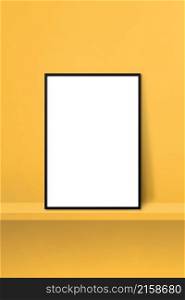 Black picture frame leaning on a yellow shelf. 3d illustration. Blank mockup template. Vertical background. Black picture frame leaning on a yellow shelf. 3d illustration. Vertical background