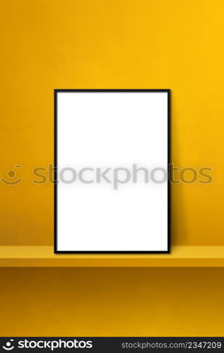 Black picture frame leaning on a yellow shelf. 3d illustration. Blank mockup template. Vertical background. Black picture frame leaning on a yellow shelf. 3d illustration. Vertical background