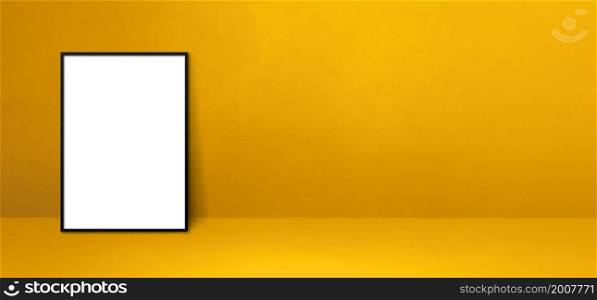Black picture frame leaning on a yellow wall. Blank mockup template. Horizontal banner. Black picture frame leaning on a yellow wall. Horizontal banner