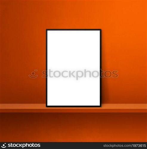 Black picture frame leaning on orange shelf. 3d illustration. Blank mockup template. Square background. Black picture frame leaning on orange shelf. 3d illustration. Square background
