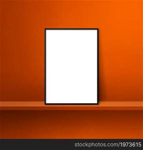 Black picture frame leaning on orange shelf. 3d illustration. Blank mockup template. Square background. Black picture frame leaning on orange shelf. 3d illustration. Square background