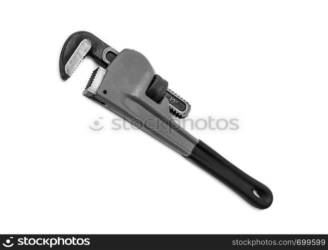 Black pipe wrench isolated on white background.