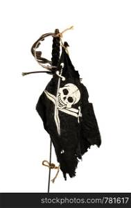 Black pirate flag winding up in the wind tied with a rope to an old sword. waving pirate flag