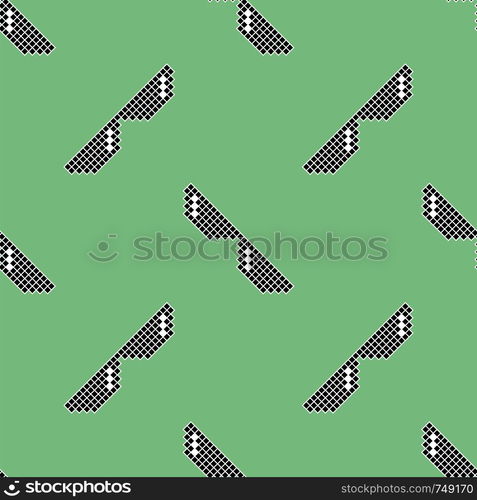 Black Pixel Sunglasses Seamless Pattern Isolated on Green Background. Black Pixel Sunglasses Seamless Pattern