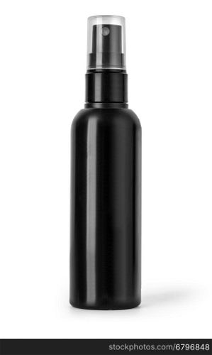 Black plastic bottle spray for hair on a white background. With clipping path