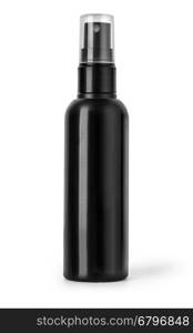 Black plastic bottle spray for hair on a white background. With clipping path