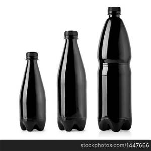 Black Plastic bottles isolated on white background. Mock up for your design.