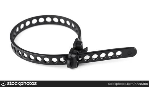 Black plastic cable tie isolated on white