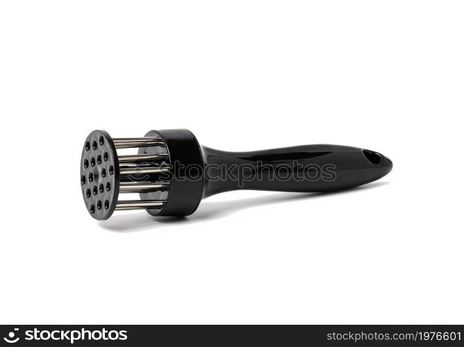 black plastic device for beating meat on a white background