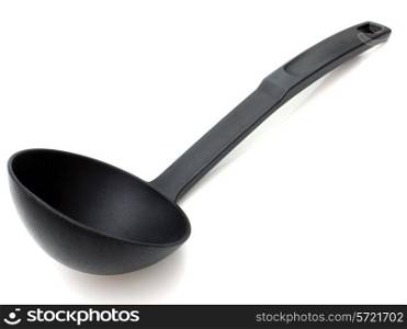 Black plastic soup ladle, isolated on white