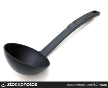 Black plastic soup ladle, isolated on white