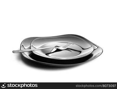 Black plate, fork and knife on blue napkin. Isolated on white. With clipping path