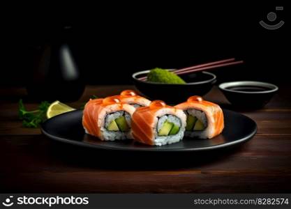 Black plate rolls. Asian food. Generate Ai. Black plate rolls. Generate Ai