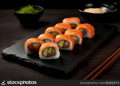 Black plate sushi rolls. Rice asian. Generate Ai. Black plate sushi rolls. Generate Ai