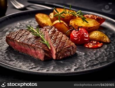 Black plate with grilled beef steak with potato wedges and cherry tomatoes in restaurant.AI Generative.