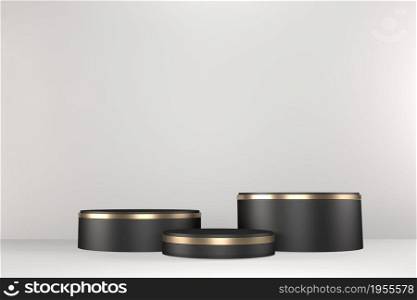 Black podium show cosmetic product geometric on black background. 3D rendering