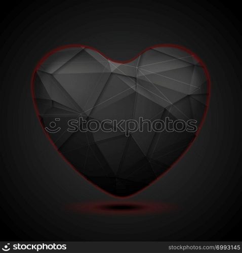 Black polygonal heart with red light. Tech Valentine Day graphic design background. Black polygonal heart background