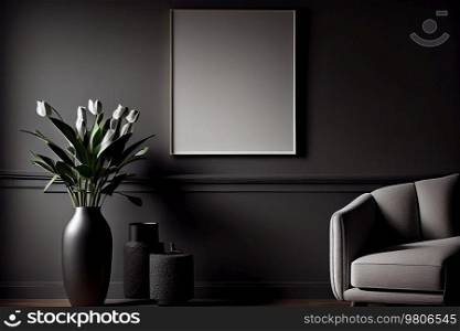 Black poster in living room interior on empty dark wall background, studio lighting. Illustration AI Generative