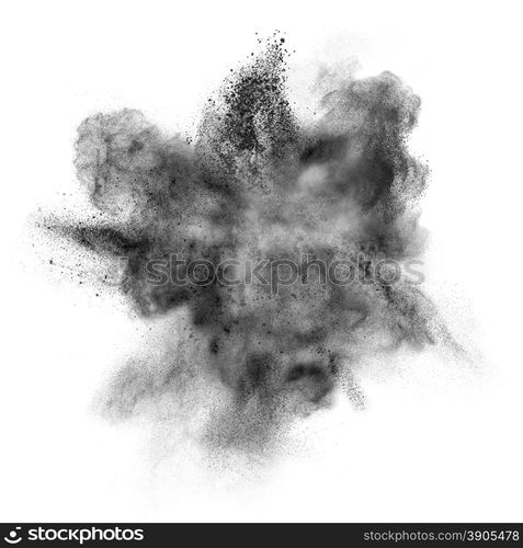 Black powder explosion isolated on white background