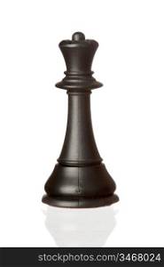 Black queen chess piece isolated on white background with reflection on the floor
