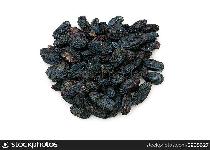 Black raisins isolated on the white background