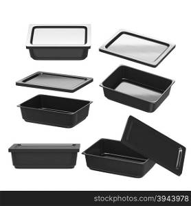 Black rectangle plastic container for food production like fresh food, convenience food or frozen food. Template for your design or artwork, clipping path included&#xA;