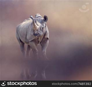 black rhinoceros potrait with reflection