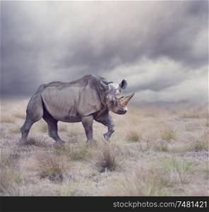 black rhinoceros walking in the grassland