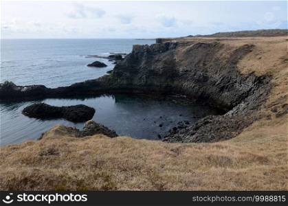 Black rock formations and a scenic view of the coast of Iceland.