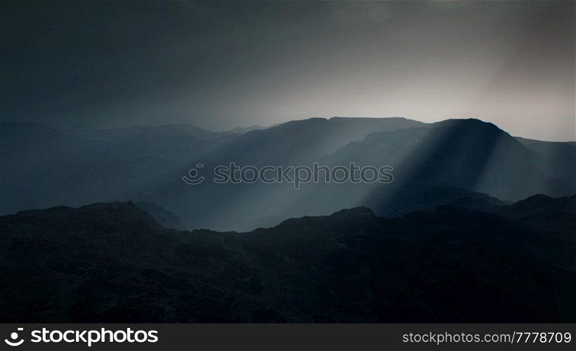 black rocky mountain silhouette in deep fog