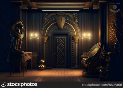 Black room interior in ancient Egyptian style, gold decor, fantasy interior. Ancient Egypt, black interior, gold, night lights, shadows-  Generative AI