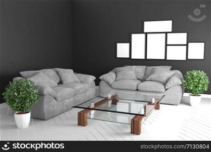 Black room interior - modern tropical style concept with black sofa and plants in white floor on black wall ground. 3d rendering