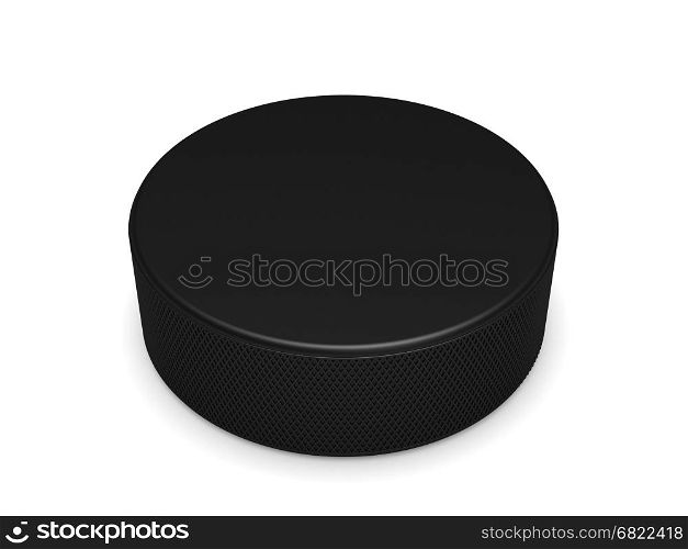 Black rubber hockey puck with copy space, close-up on a white background, 3D illustration.